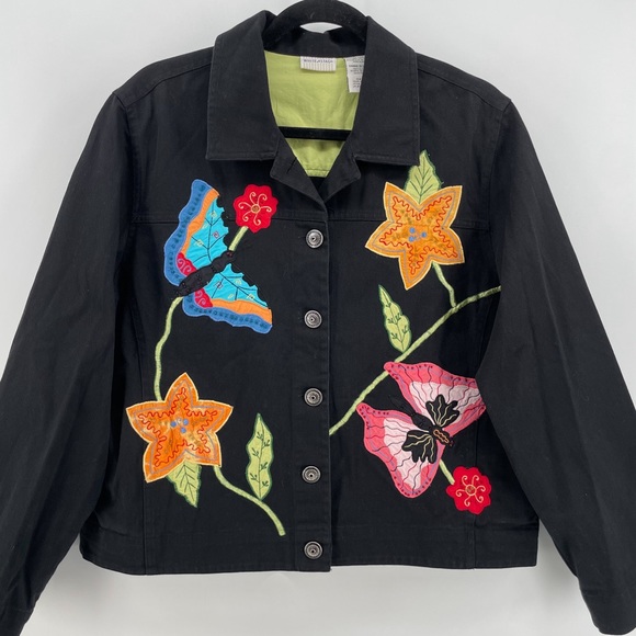 Vintage White Stag Womens Denim Jacket Black Floral Butterflies Beaded L - Picture 1 of 6